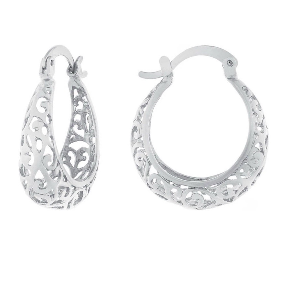 NWT Silverworks Silver Plated 1" Filigree Click Top Hoop Earrings In Gift Box - Picture 2 of 11